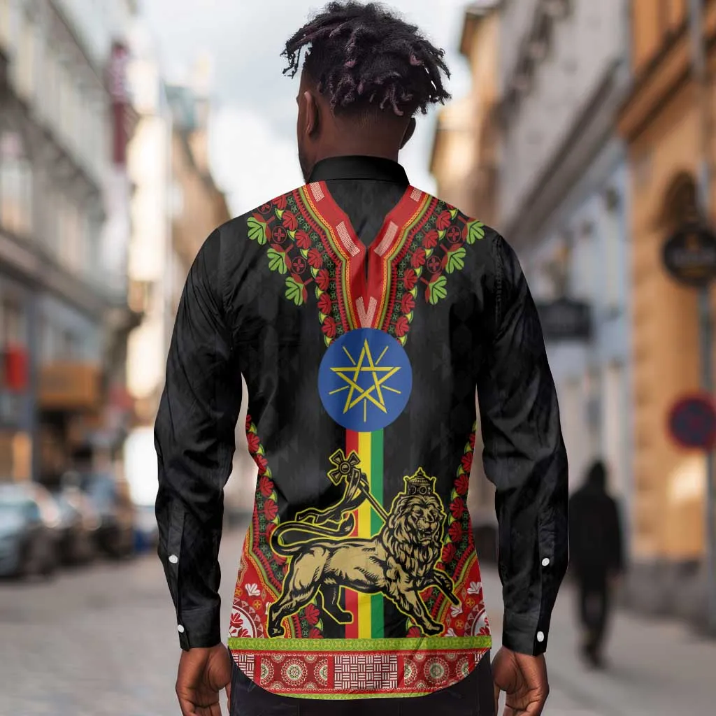 Ethiopia Lion of Judah and The Star Seal Long Sleeve Button Shirt Dashiki Style LT03
