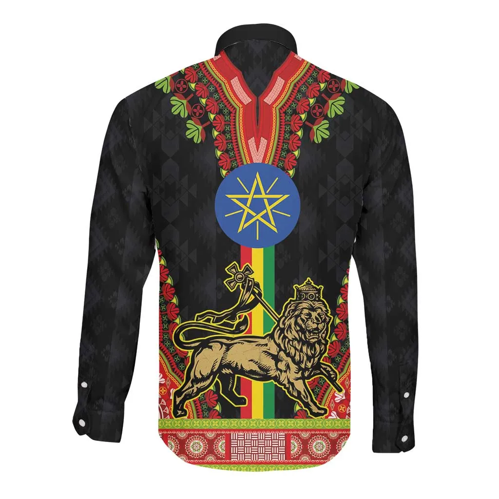 Ethiopia Lion of Judah and The Star Seal Long Sleeve Button Shirt Dashiki Style LT03