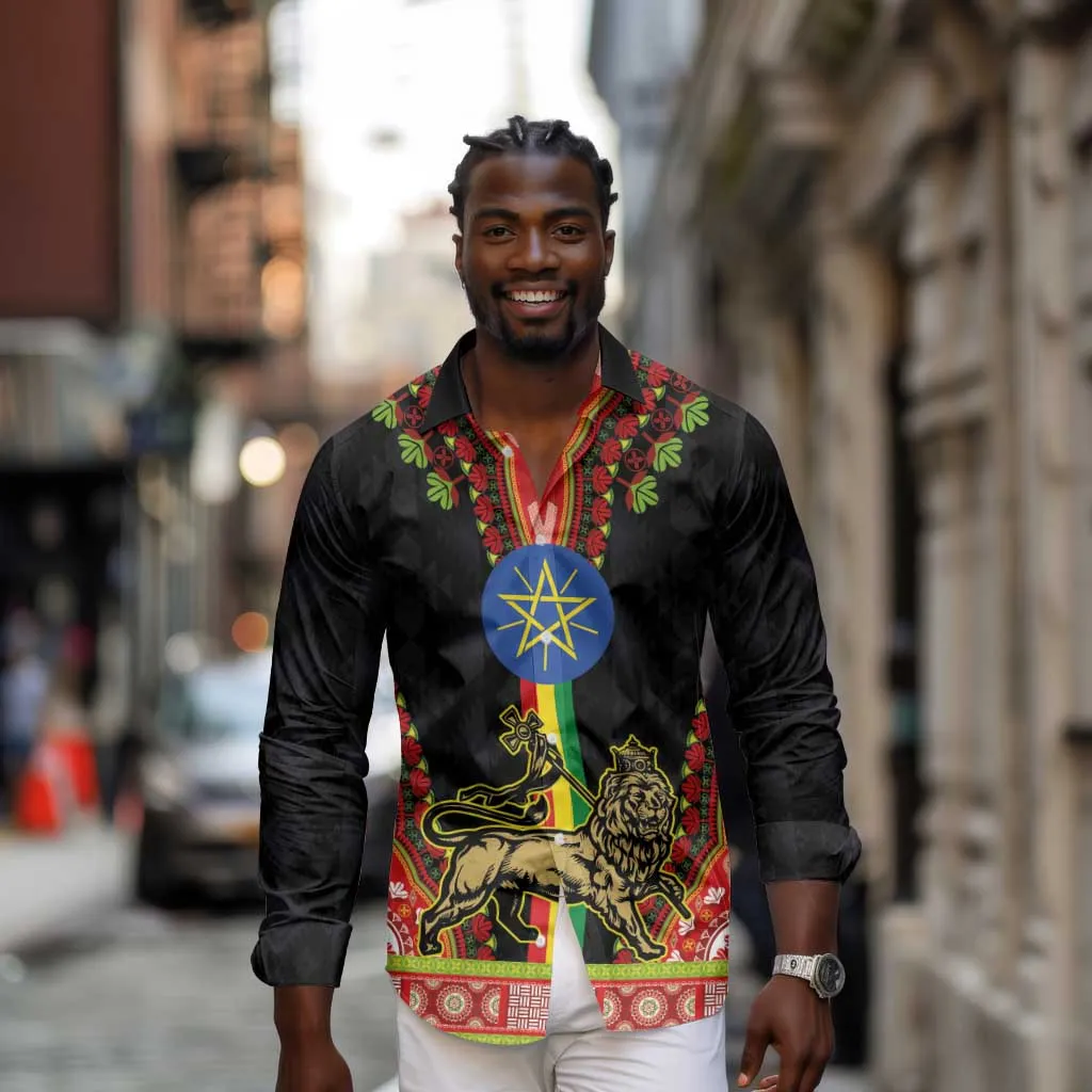 Ethiopia Lion of Judah and The Star Seal Long Sleeve Button Shirt Dashiki Style LT03