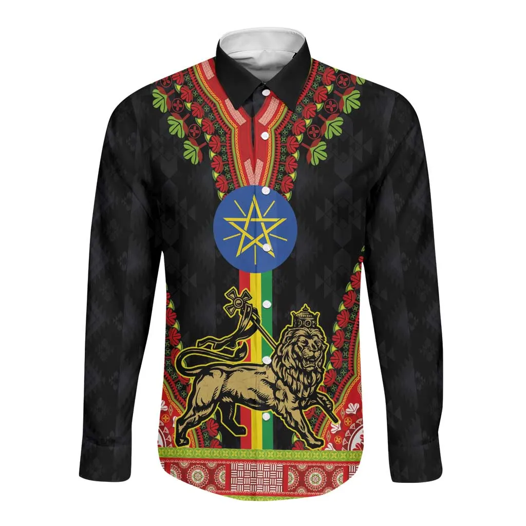 Ethiopia Lion of Judah and The Star Seal Long Sleeve Button Shirt Dashiki Style LT03