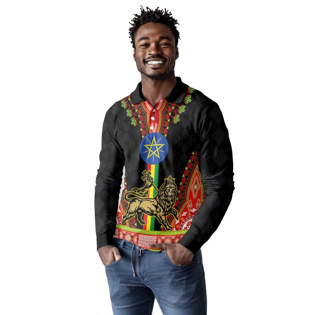 Ethiopia Lion of Judah and The Star Seal Long Sleeve Polo Shirt Dashiki Style LT03