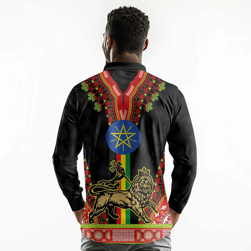 Ethiopia Lion of Judah and The Star Seal Long Sleeve Polo Shirt Dashiki Style LT03