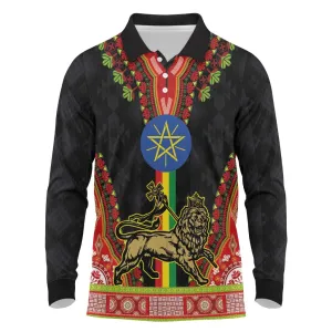 Ethiopia Lion of Judah and The Star Seal Long Sleeve Polo Shirt Dashiki Style LT03