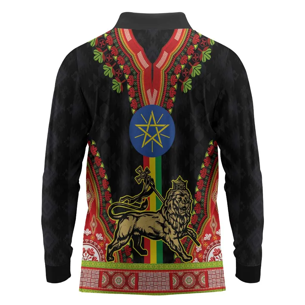 Ethiopia Lion of Judah and The Star Seal Long Sleeve Polo Shirt Dashiki Style LT03