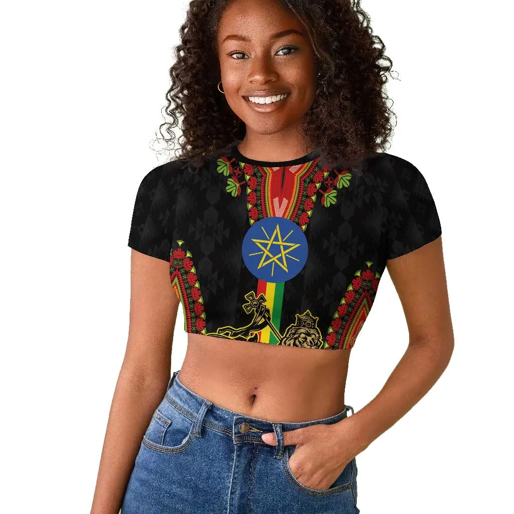 Ethiopia Lion of Judah and The Star Seal Raglan Cropped T shirt Dashiki Style LT03