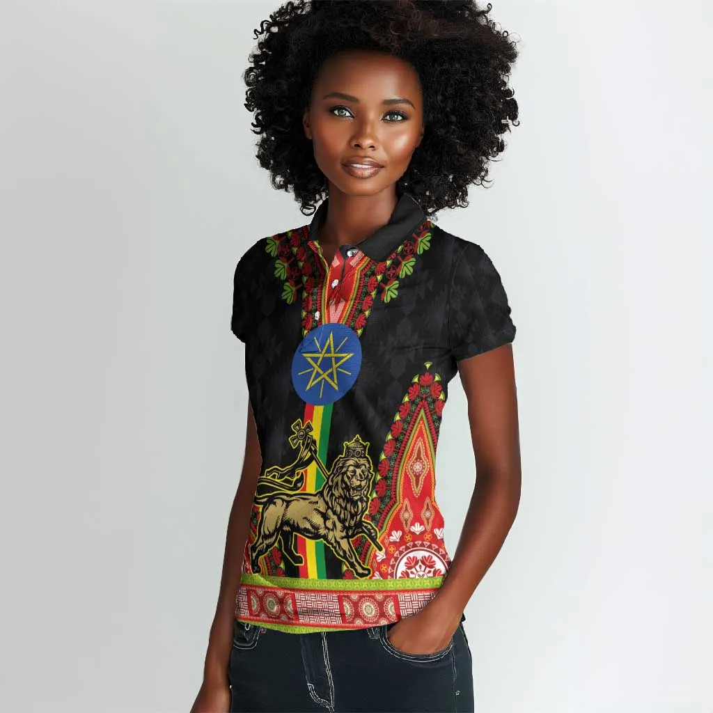 Ethiopia Lion of Judah and The Star Seal Women Polo Shirt Dashiki Style LT03