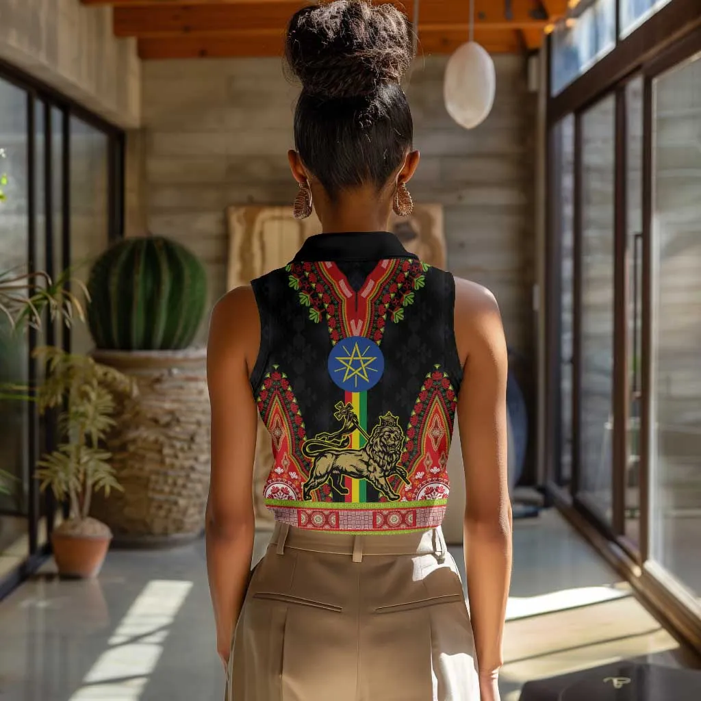Ethiopia Lion of Judah and The Star Seal Women Sleeveless Polo Shirt Dashiki Style LT03
