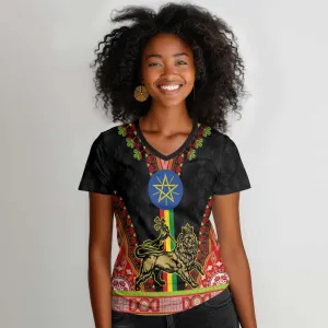 Ethiopia Lion of Judah and The Star Seal Women V-Neck T-Shirt Dashiki Style LT03