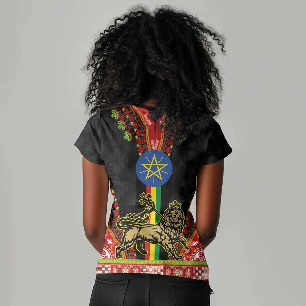 Ethiopia Lion of Judah and The Star Seal Women V-Neck T-Shirt Dashiki Style LT03