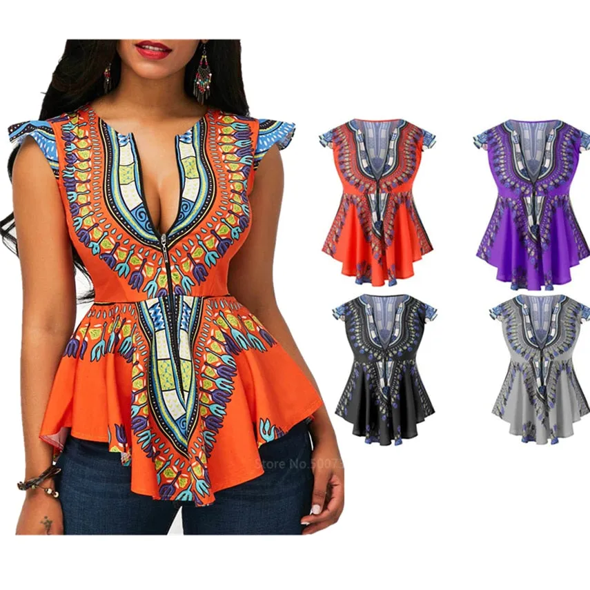 Fashion African Clothes  Top Dashiki Print Sexy Ankara Style Plus Size Summer T-shirts S-2XL Ethnic Short Sleeve Ladies