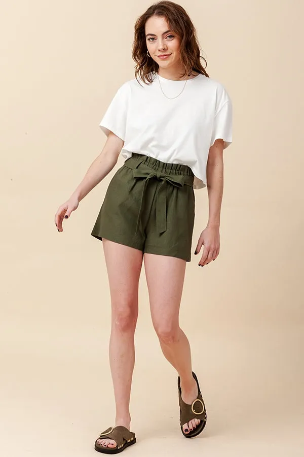 Front Tie Paper-Bag Woven Linen Shorts (New2YouLX)