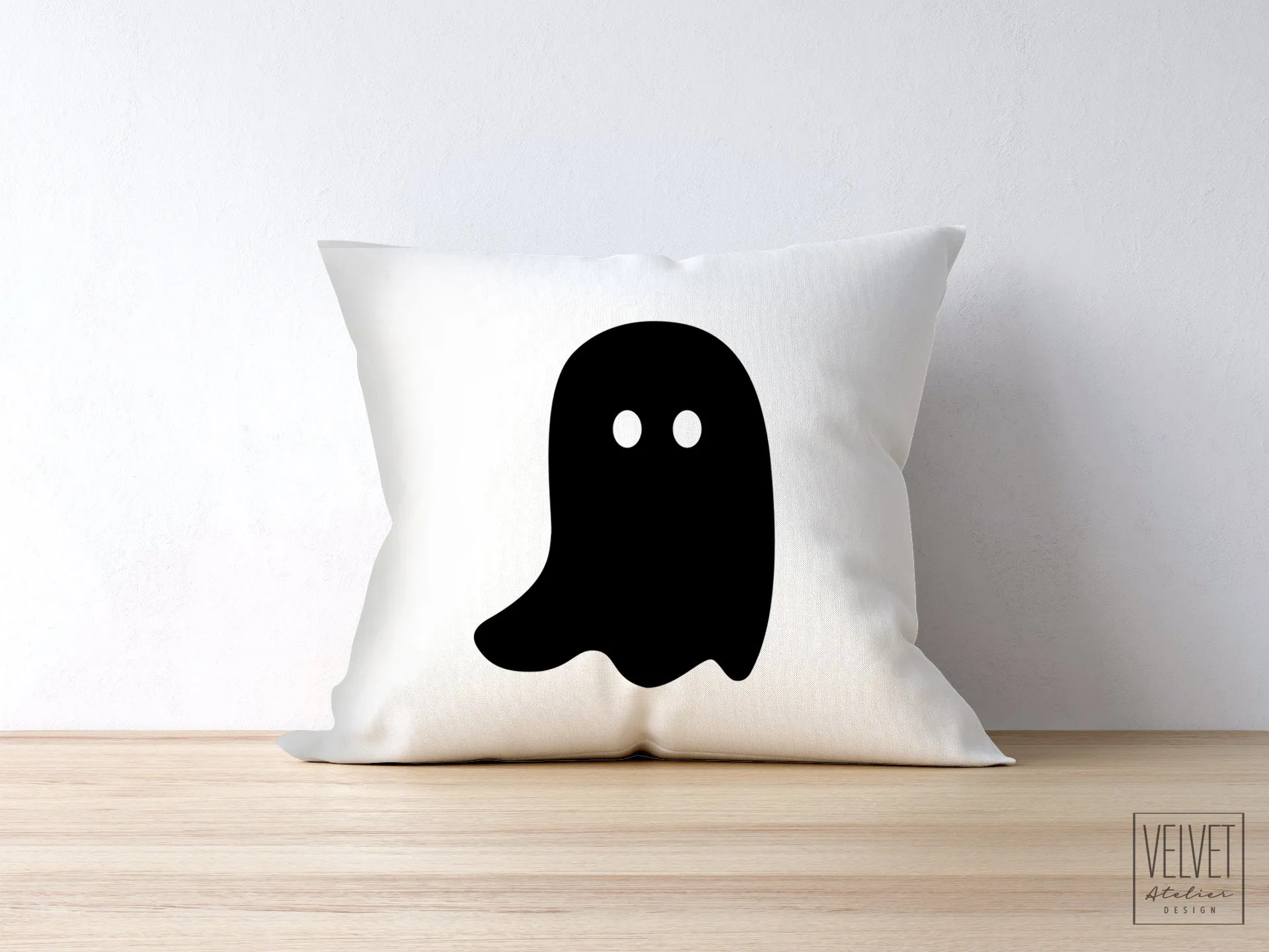 Ghost pillow with black ghost. Cover and insert or just the cover. Cute and spooky ghost for Halloween decor