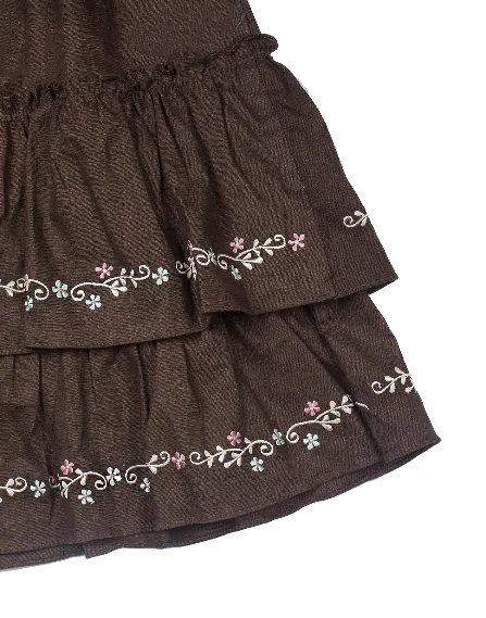 Girls Olive Green Embroidered Organic Linen Tiered Ruffle Sun Dress
