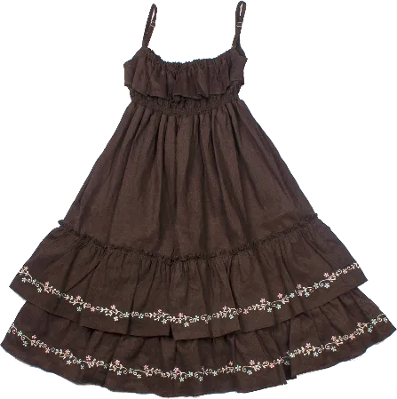 Girls Olive Green Embroidered Organic Linen Tiered Ruffle Sun Dress