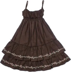 Girls Olive Green Embroidered Organic Linen Tiered Ruffle Sun Dress
