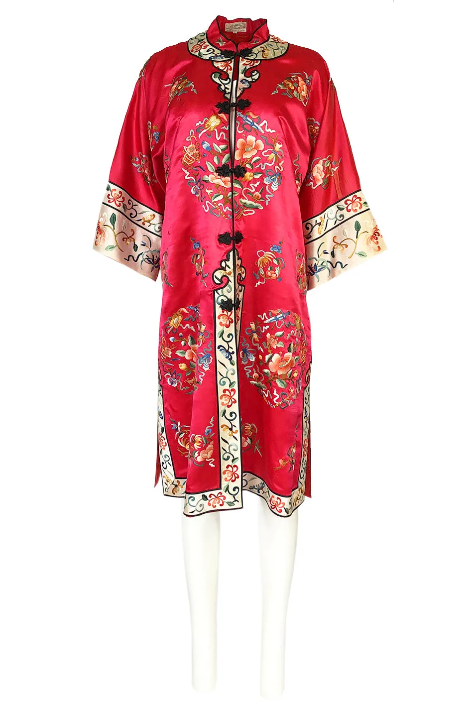 Gorgeous 1940s Light Red Silk Embroidered Asian Evening Coat
