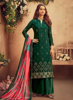 Green Embroidered Palazzo Style Suit