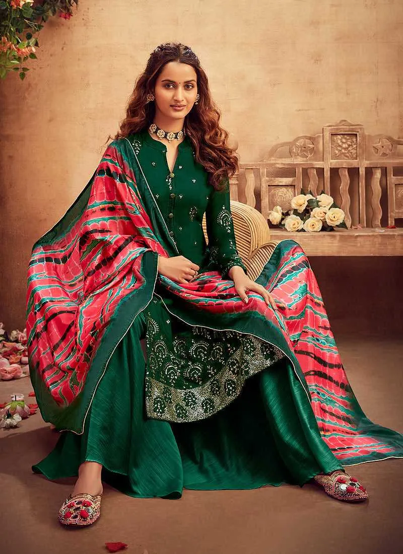 Green Embroidered Palazzo Style Suit