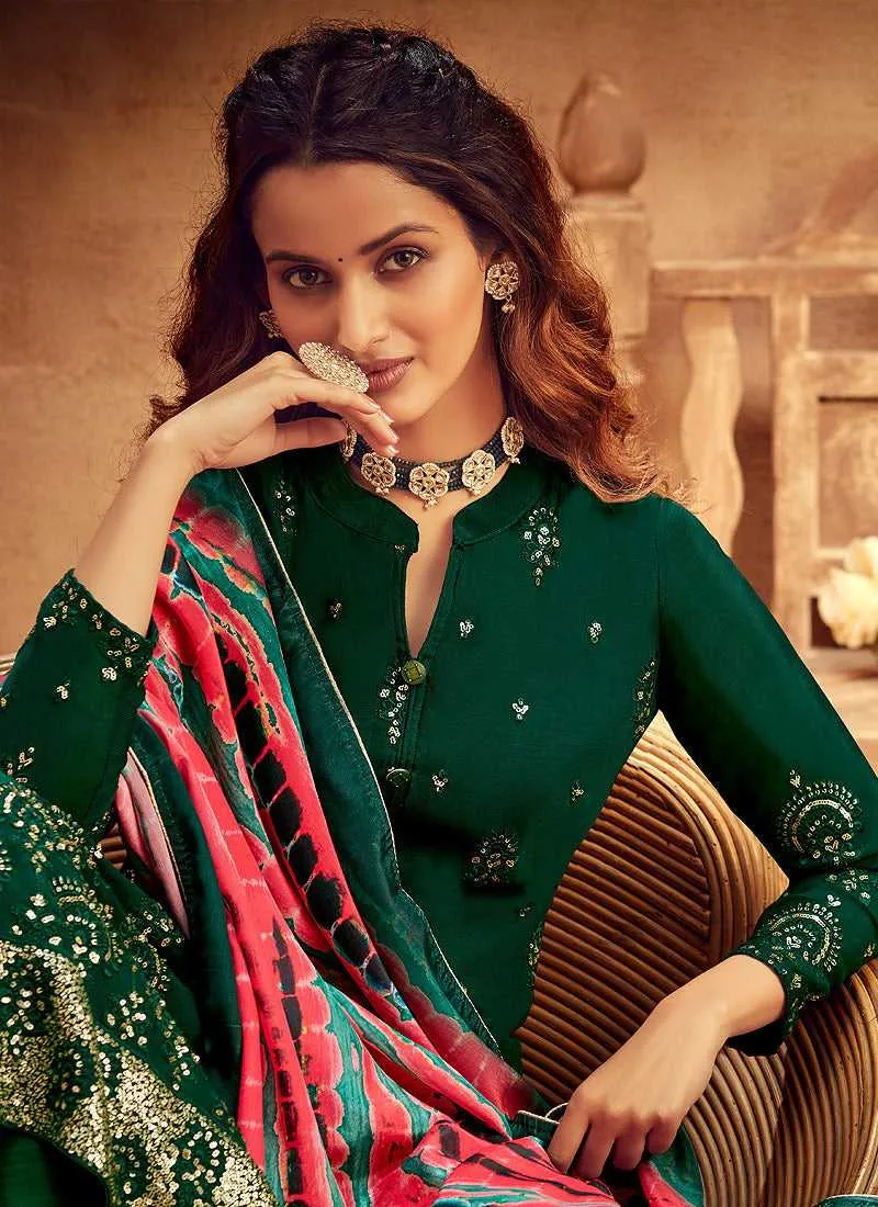 Green Embroidered Palazzo Style Suit