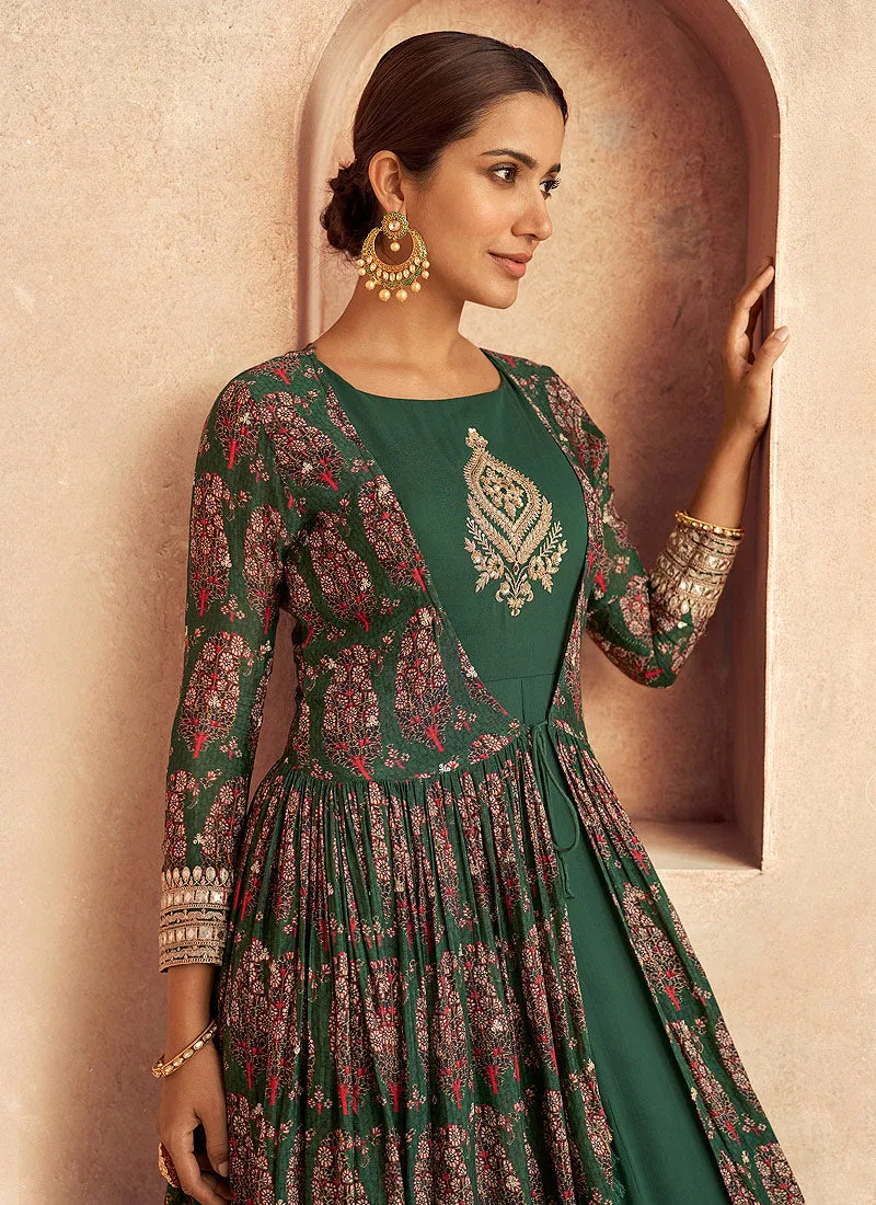 Green Floral Embroidered Jacket Style Anarkali