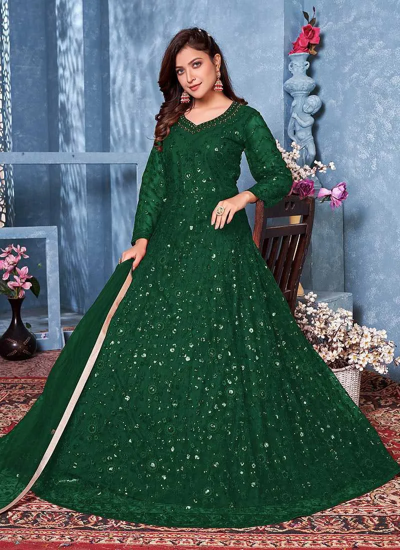 Green Floral Heavy Embroidered Gown Style Anarkali