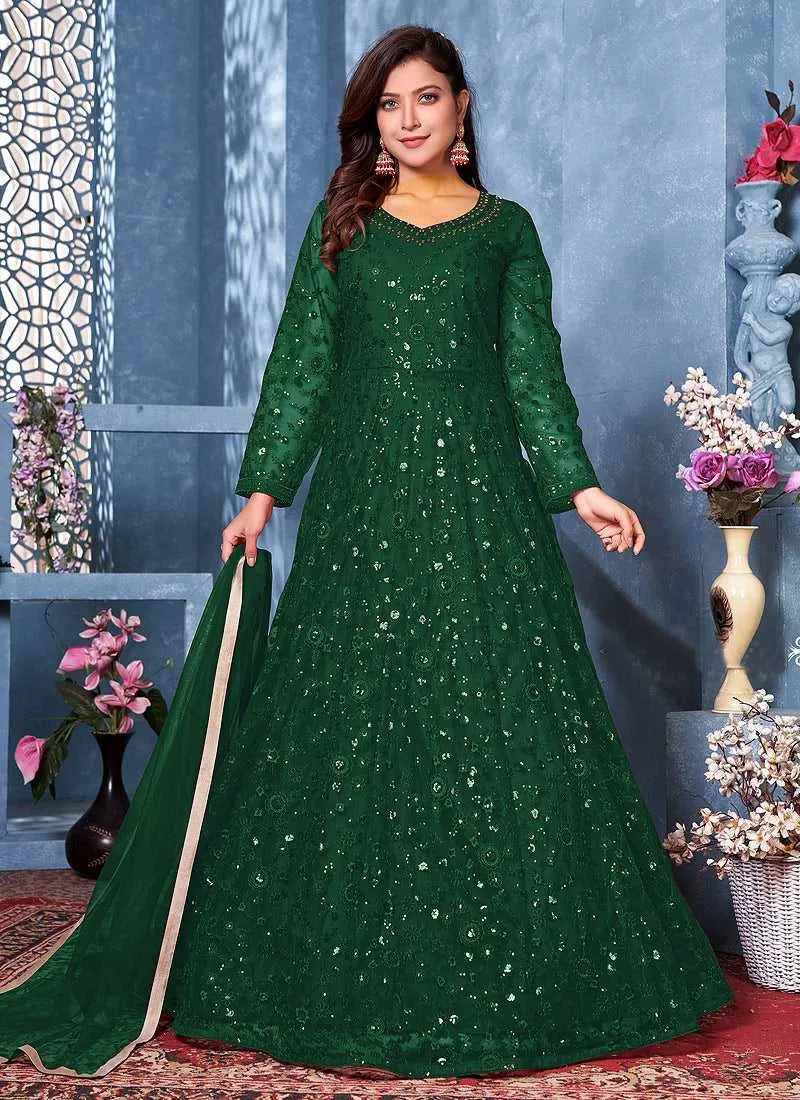 Green Floral Heavy Embroidered Gown Style Anarkali