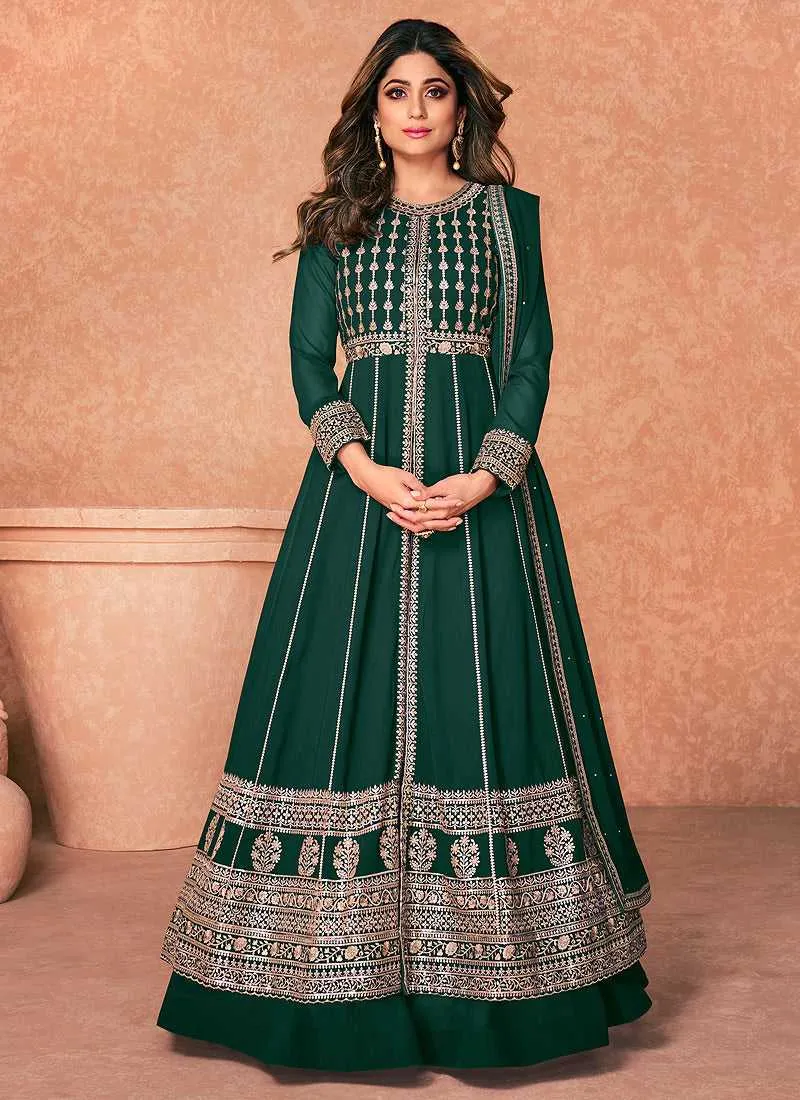 Green Heavy Embroidered Slit Style Anarkali Lehenga