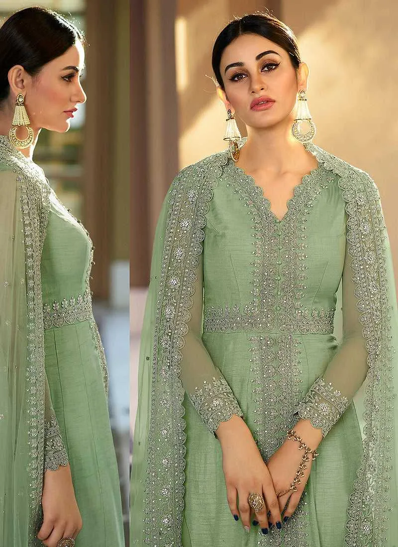 Green Heavy Neck Embroidered Gown Style Anarkali