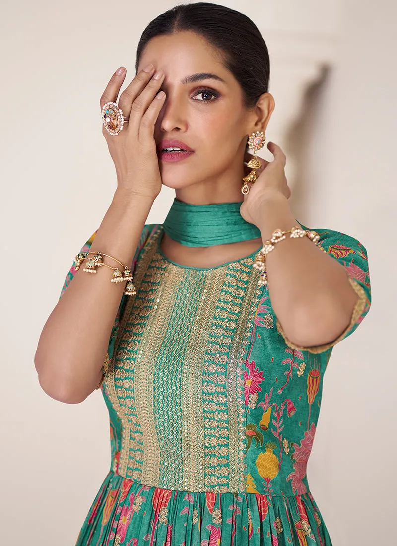 Green Multi Colour Printed Anarkali Style Gown