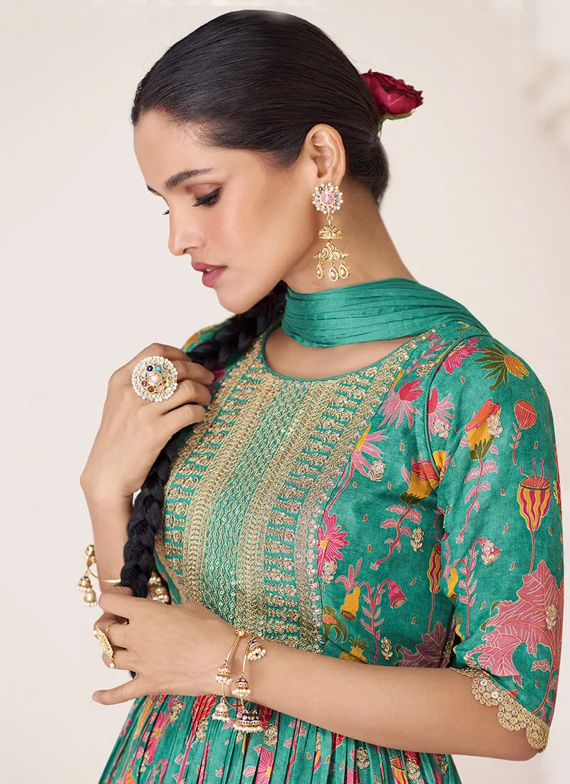 Green Multi Colour Printed Anarkali Style Gown