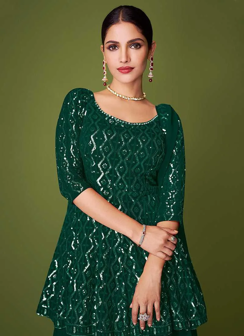 Green Sequins Embroidered Lehenga Style Designer Suit