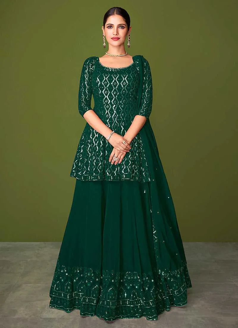 Green Sequins Embroidered Lehenga Style Designer Suit