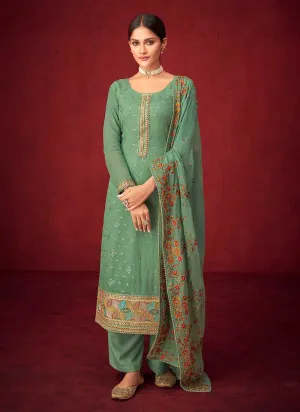 Green Sequins Embroidered Straight Pant Style Suit