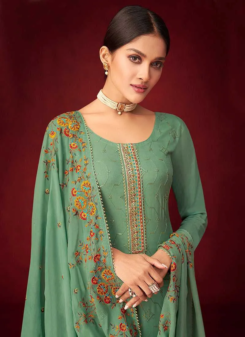 Green Sequins Embroidered Straight Pant Style Suit