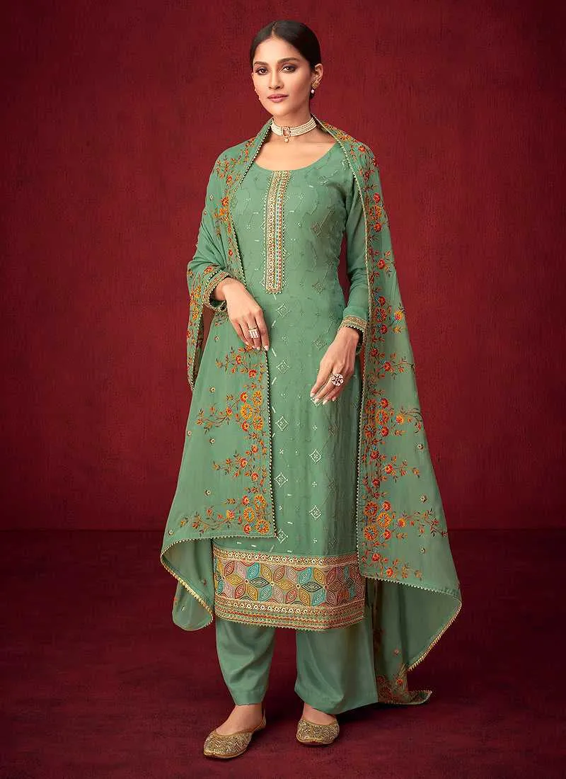 Green Sequins Embroidered Straight Pant Style Suit