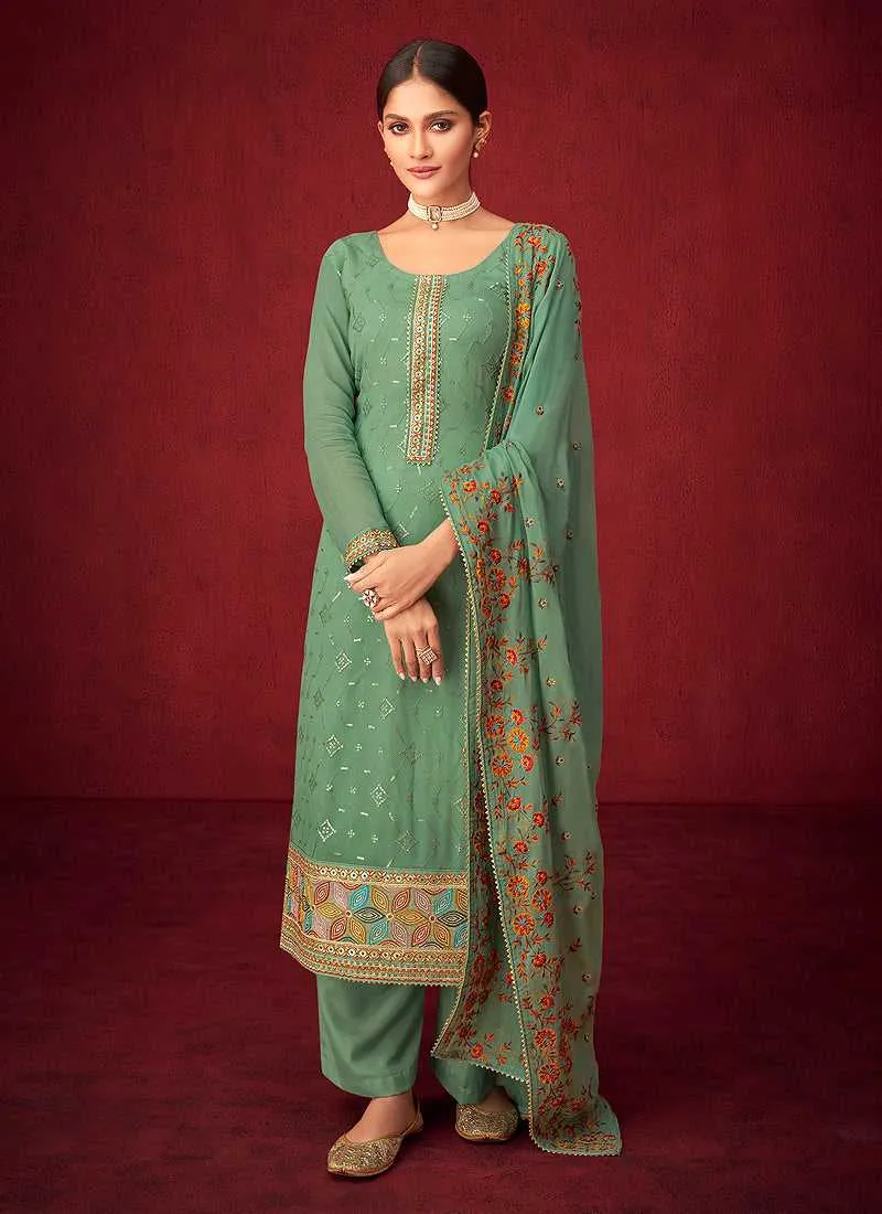 Green Sequins Embroidered Straight Pant Style Suit