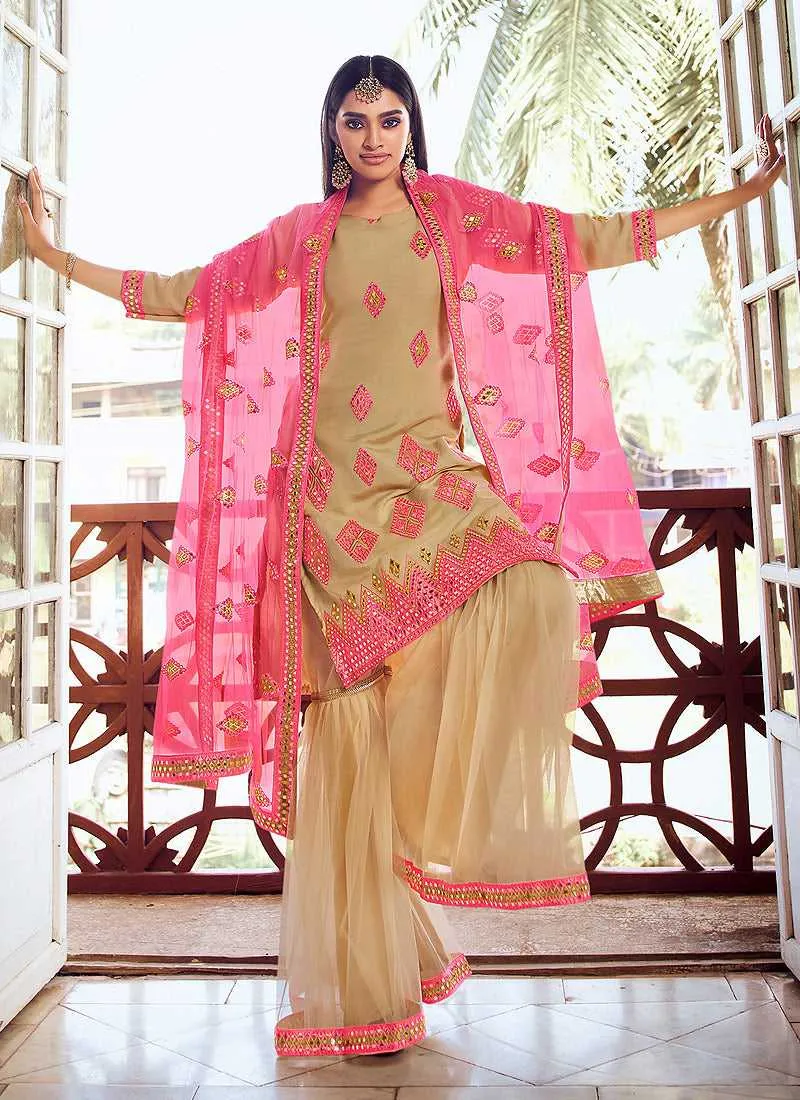 Green Shade Mirror Embroidered Gharara Style Suit