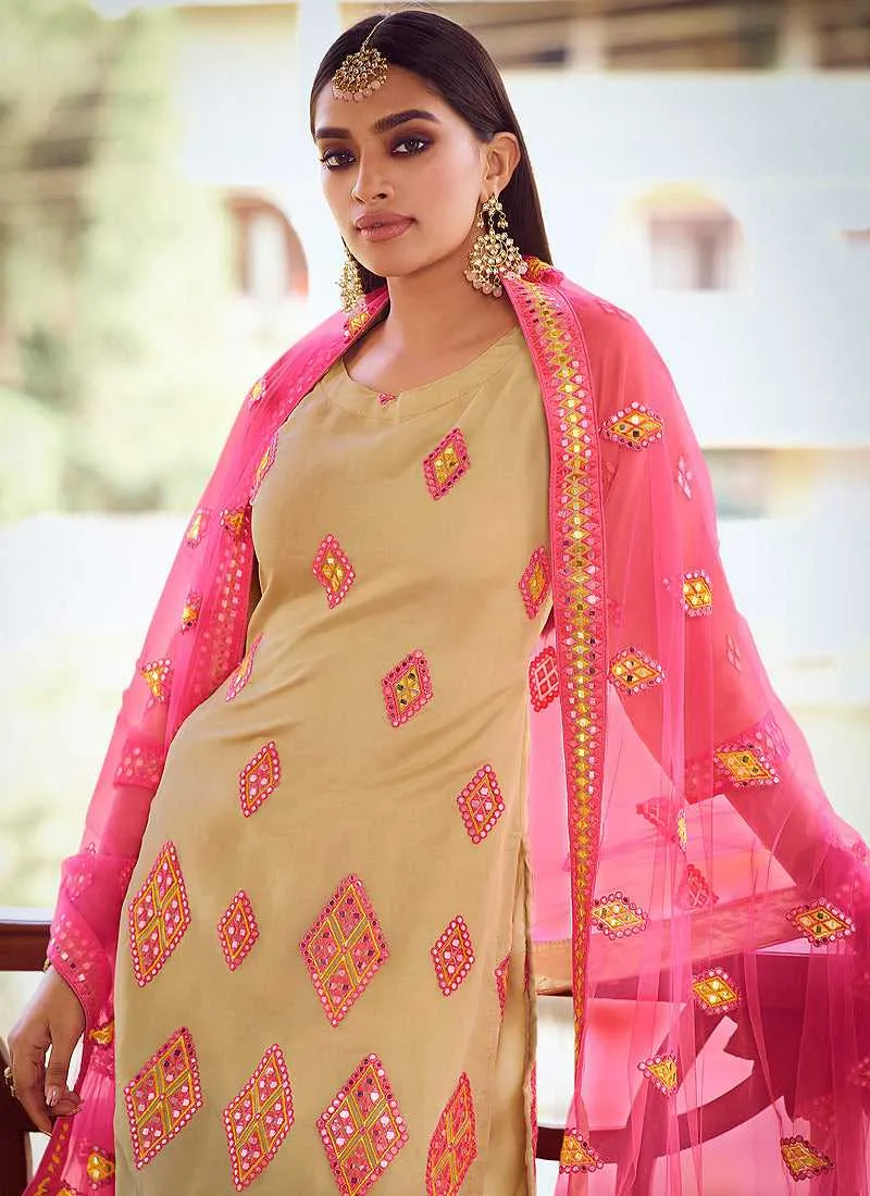 Green Shade Mirror Embroidered Gharara Style Suit