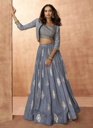 Grey Sequin Embroidered Stylish Jacket Style Lehenga