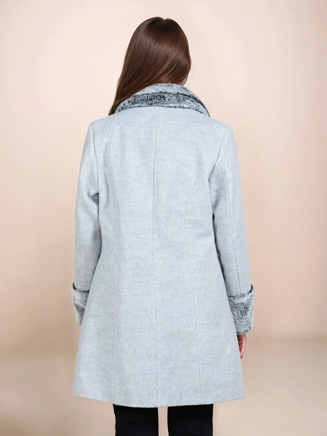 Grey Solid Faux Fur Collared Straight Fit Long Jacket