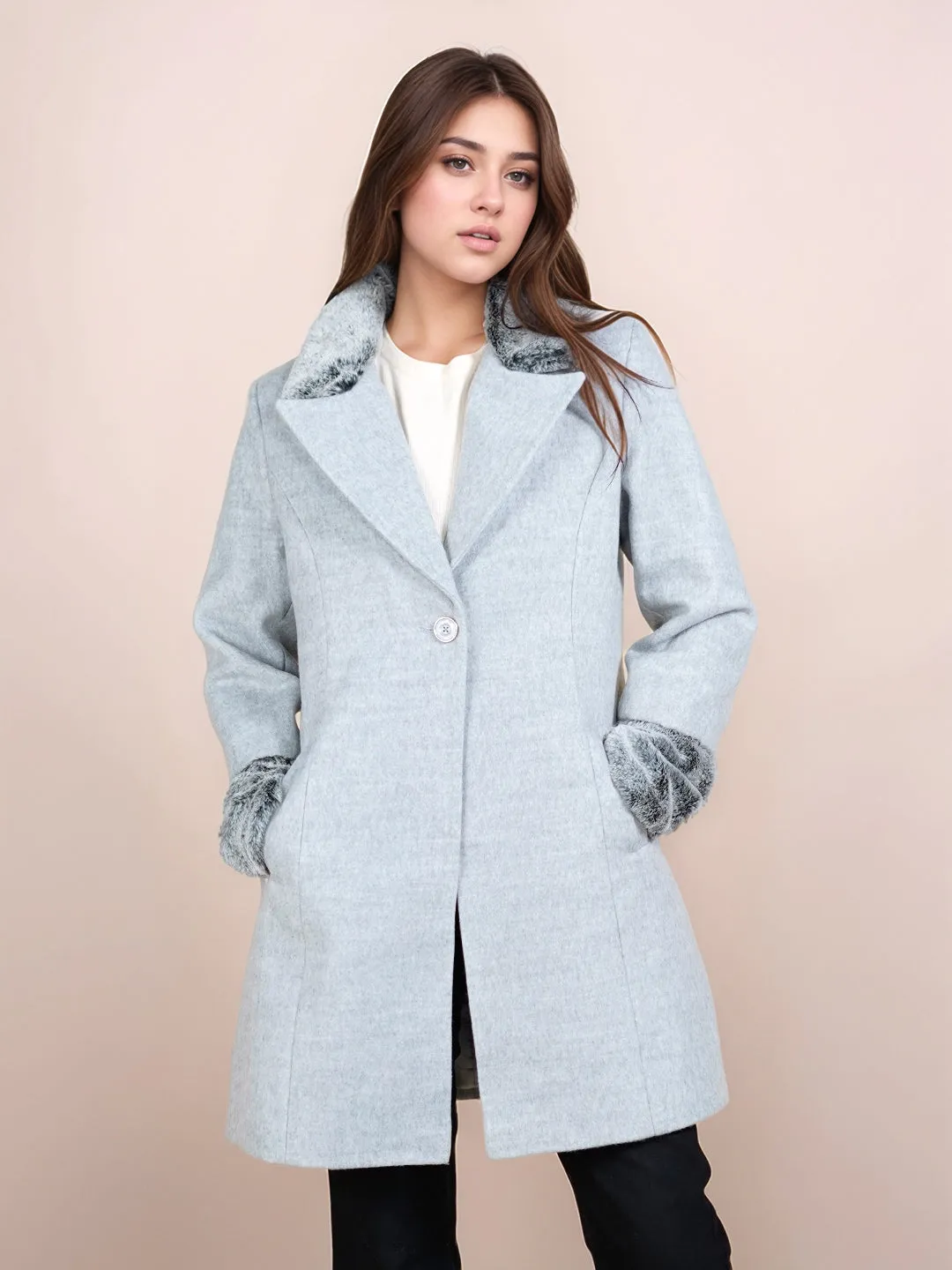Grey Solid Faux Fur Collared Straight Fit Long Jacket