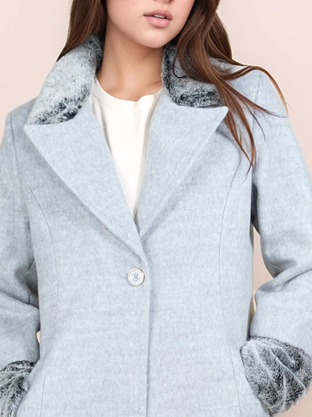 Grey Solid Faux Fur Collared Straight Fit Long Jacket
