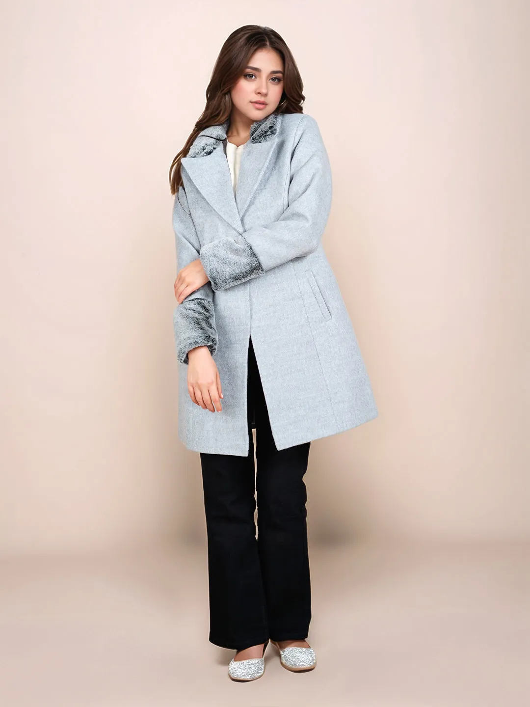 Grey Solid Faux Fur Collared Straight Fit Long Jacket