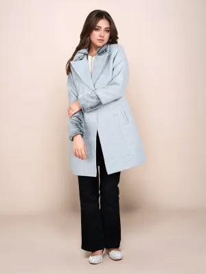 Grey Solid Faux Fur Collared Straight Fit Long Jacket