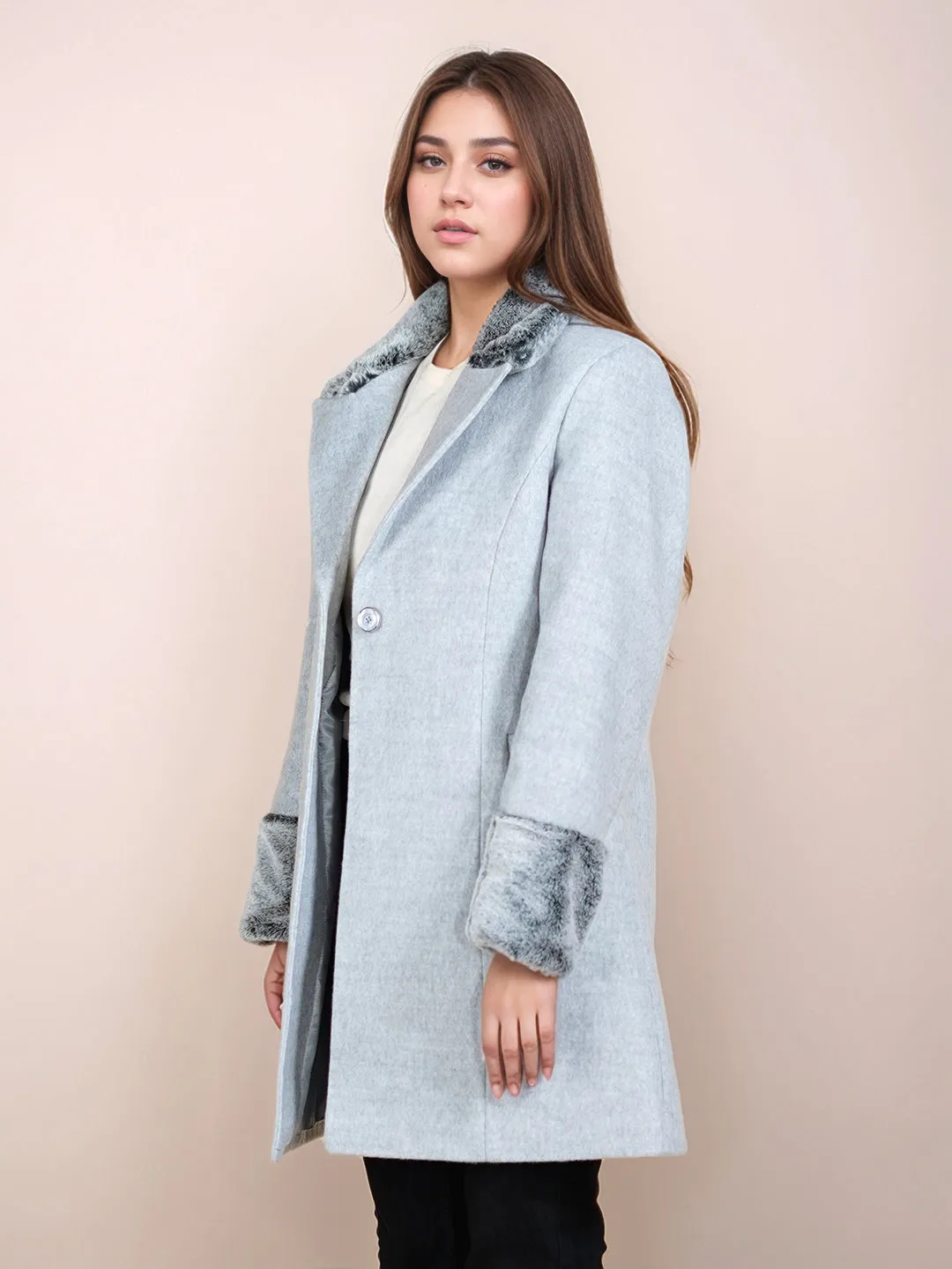 Grey Solid Faux Fur Collared Straight Fit Long Jacket