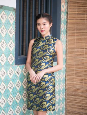 HANDMADE, LIMITED EDITION SILK BROCADE SLEEVELESS CHEONGSAM - EMO SWIRLS