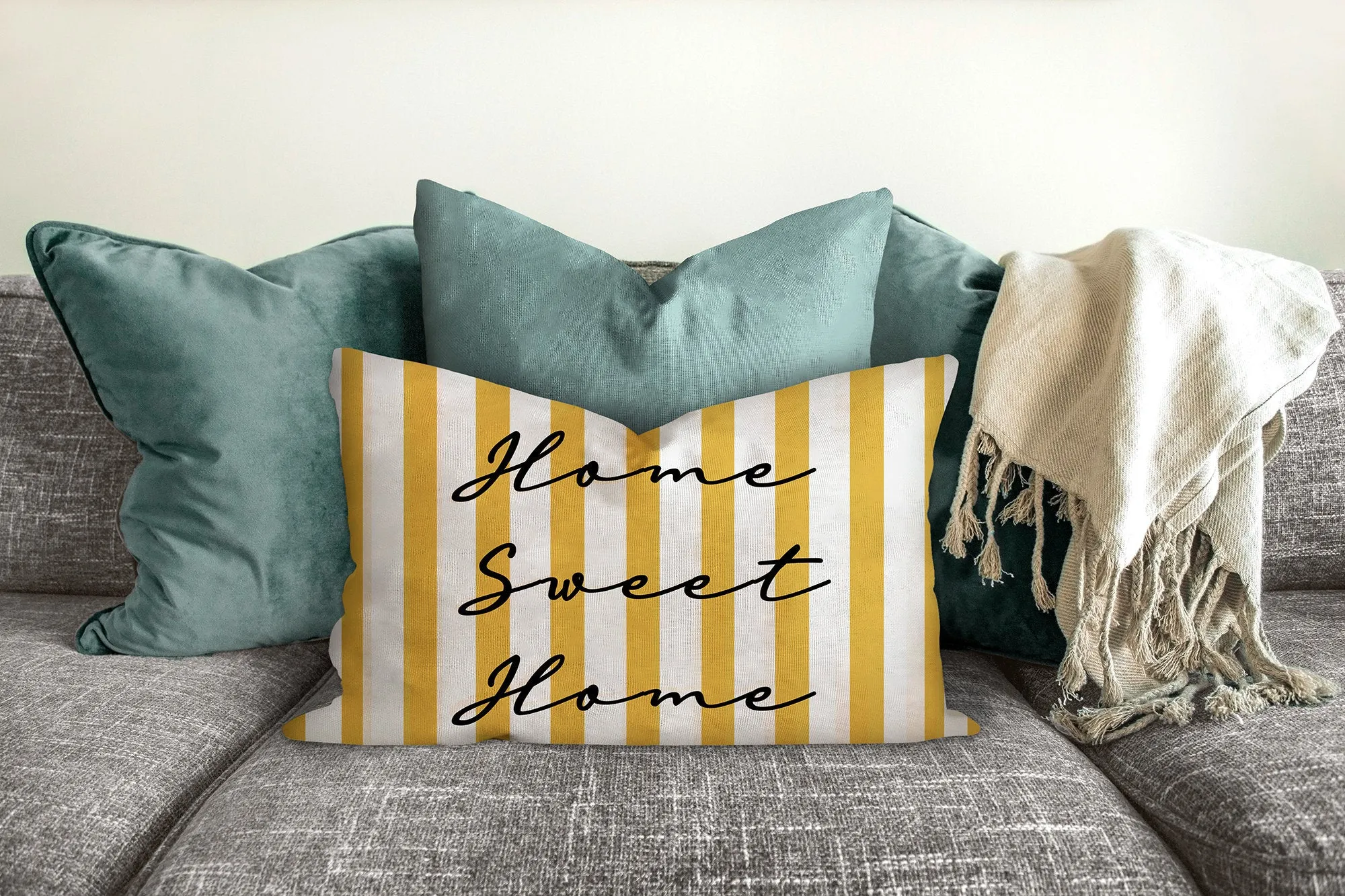 Home Sweet Home pillow, modern Interior decor, typographic design, home decor, pillow cover and insert, yellow and blue, stripes