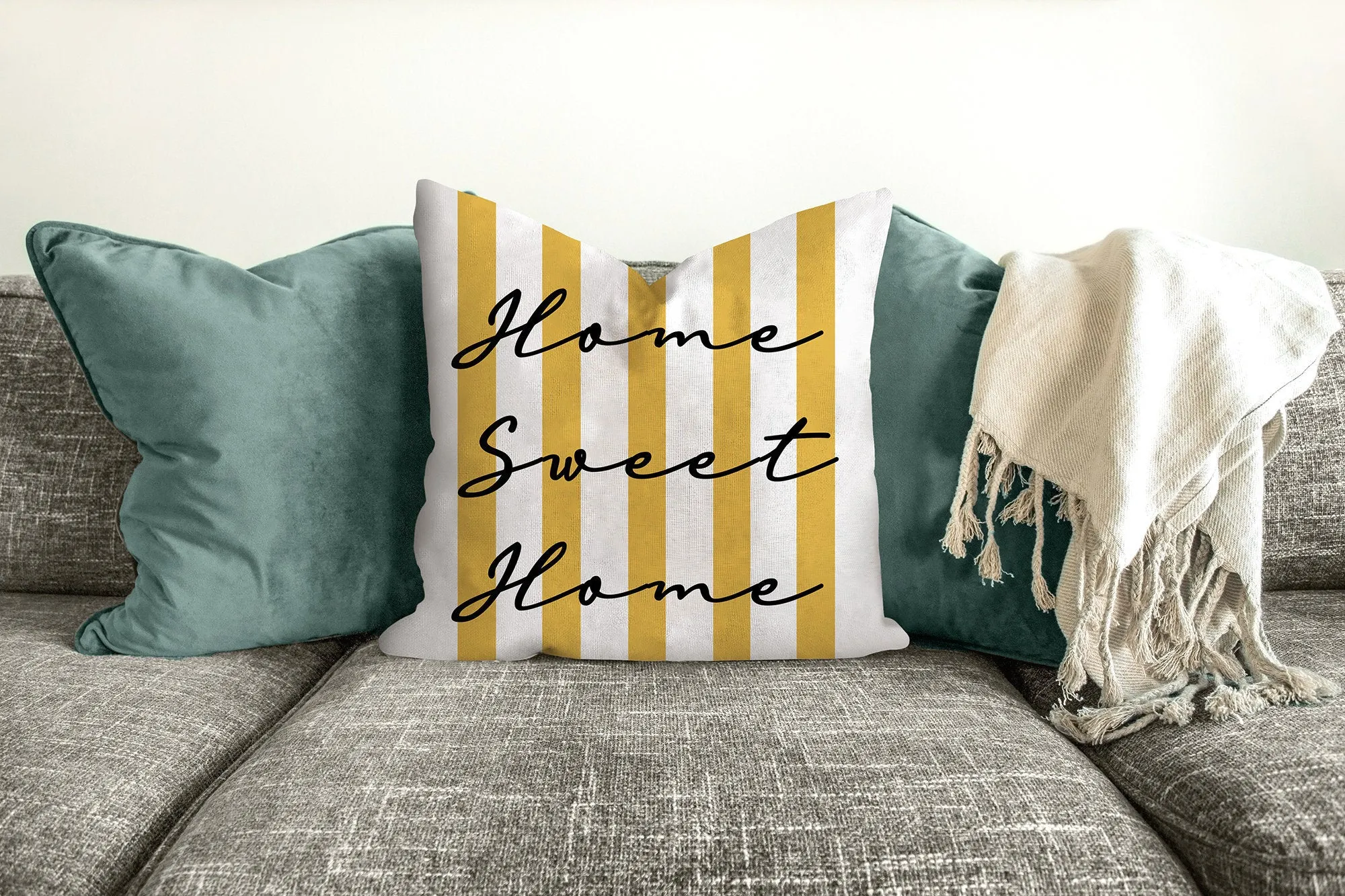 Home Sweet Home pillow, modern Interior decor, typographic design, home decor, pillow cover and insert, yellow and blue, stripes