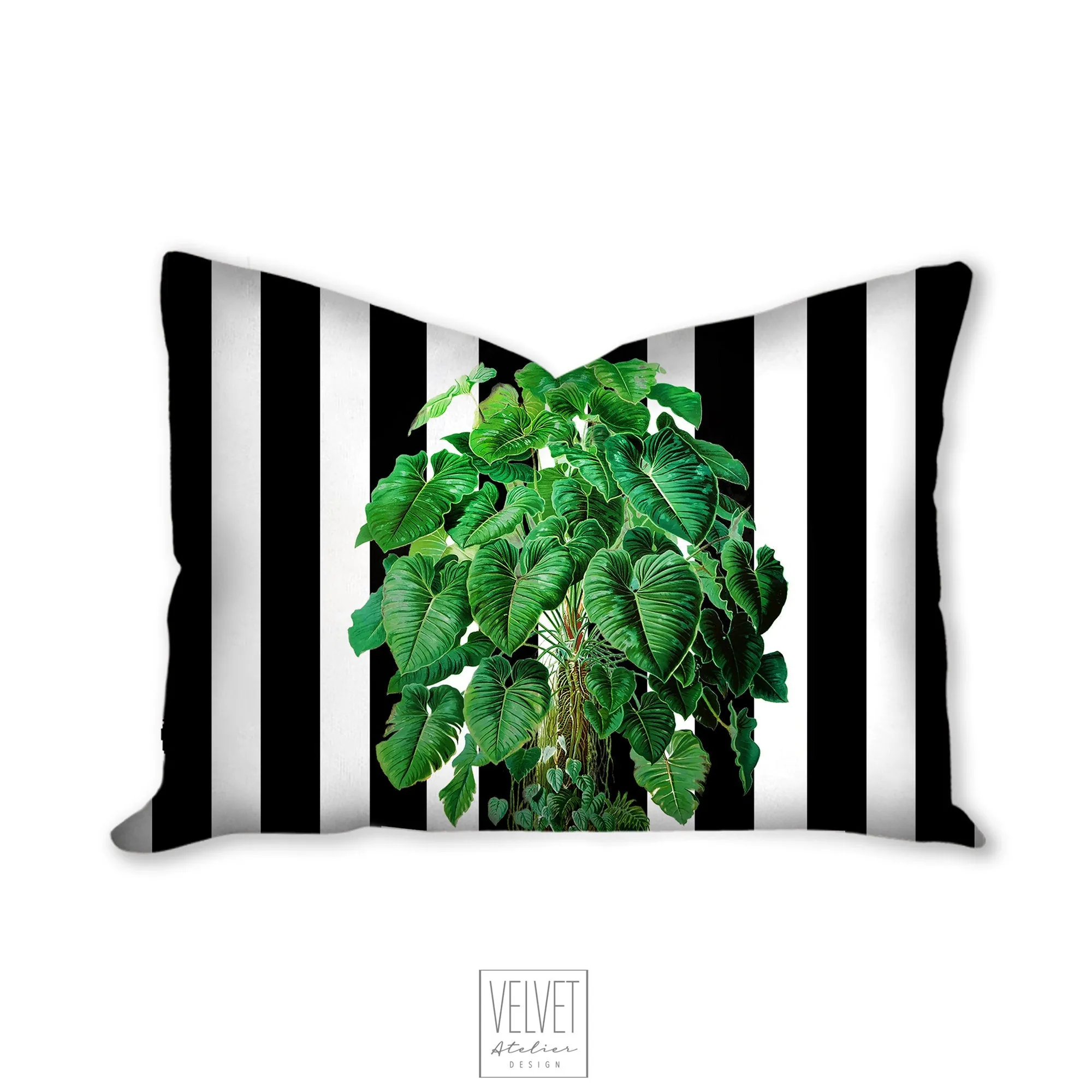 Jungle monstera plant pillow, modern Interior decor, home decor, pillow cover and insert, accent cushion, black and white stripes, tropical