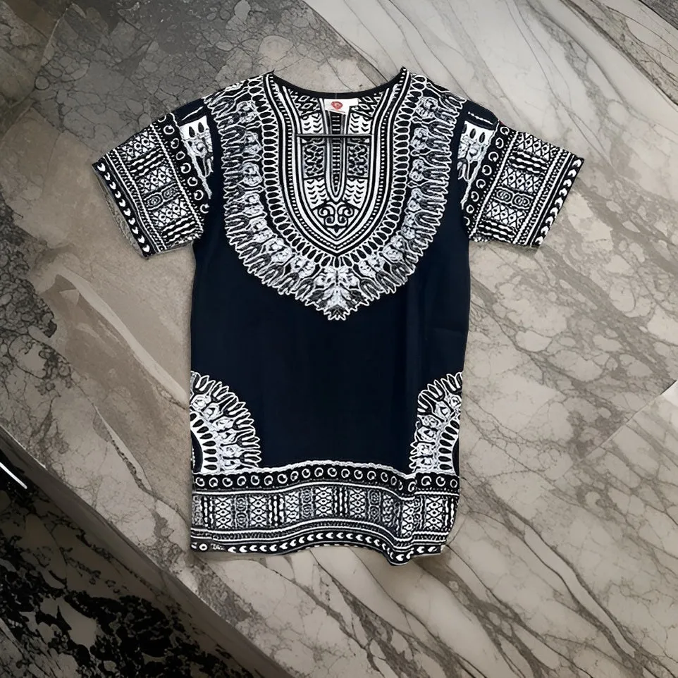 Kids Black/White African Print Dashiki Top (10T)